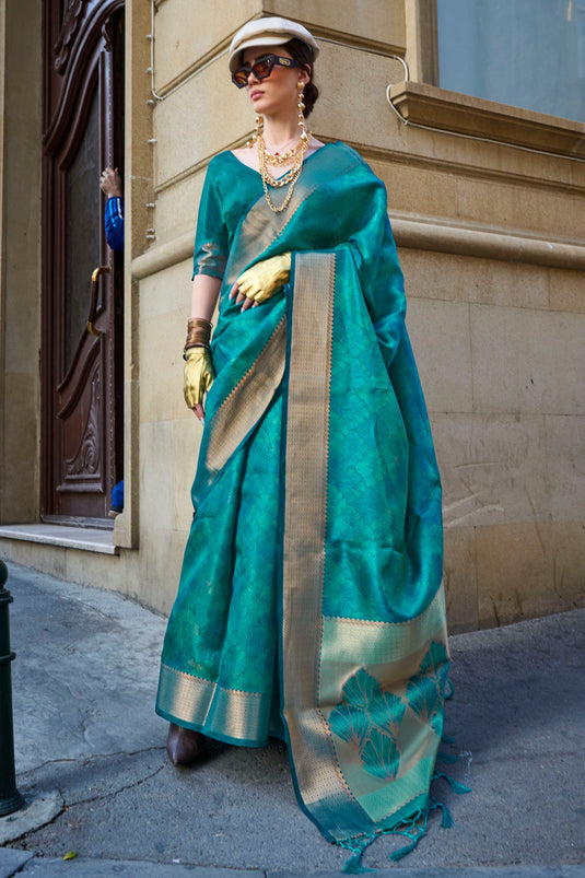 Teal Color Organza Fabric Weaving Work Tow Tone Saree For Function