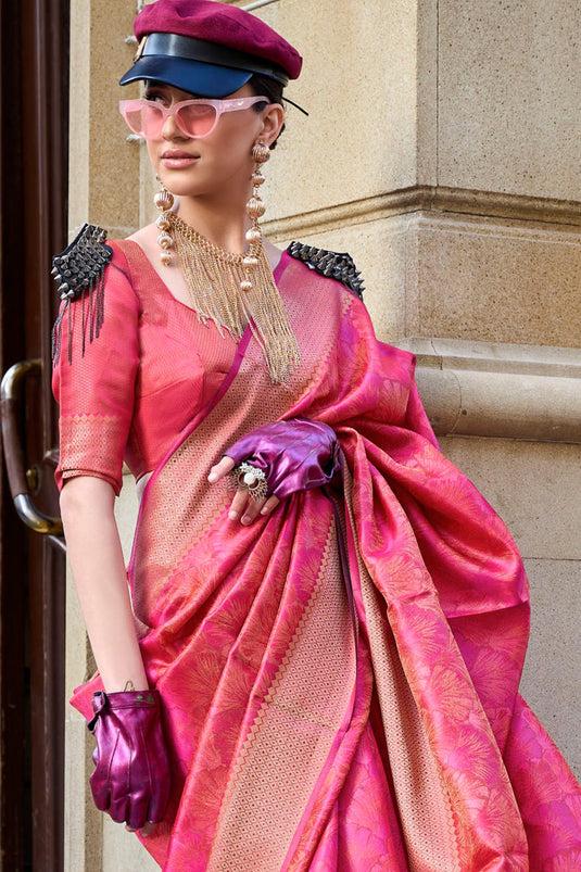 Elegant Pink Color Organza Fabric Function Wear Weaving Work Tow Tone Saree