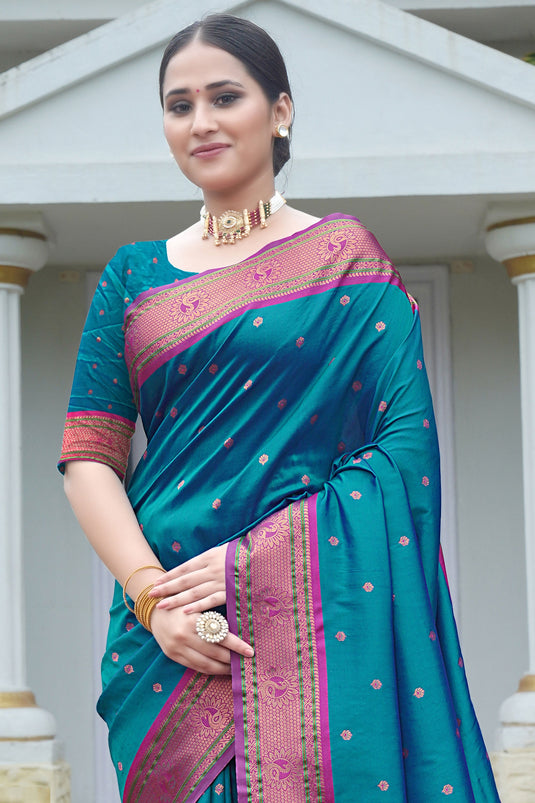 Art Silk Fabric Teal Color Saree With Winsome Weaving Work