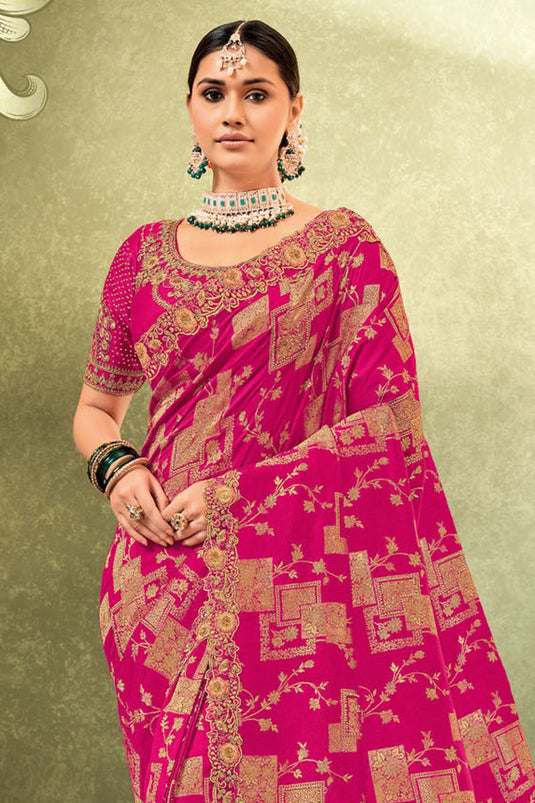 Weaving Work On Captivating Dola Silk Fabric Saree In Pink Color