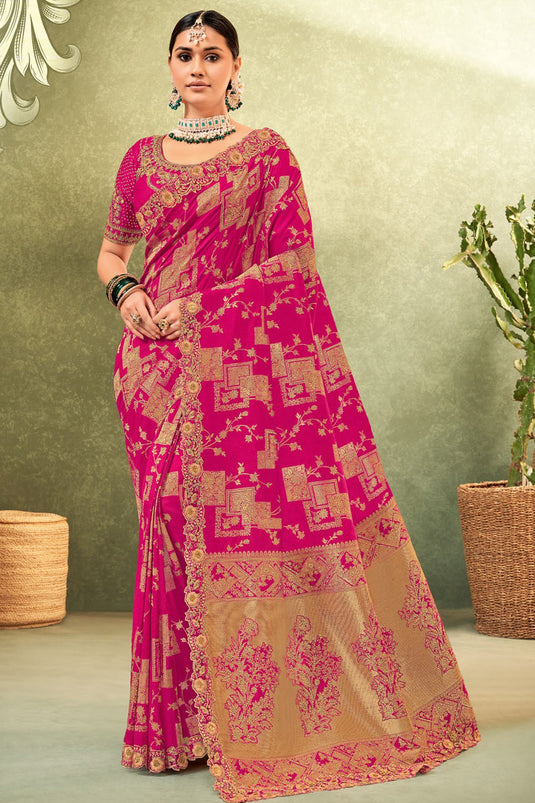 Weaving Work On Captivating Dola Silk Fabric Saree In Pink Color