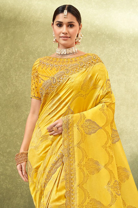 Weaving Work On Awesome Dola Silk Fabric Saree In Yellow Color