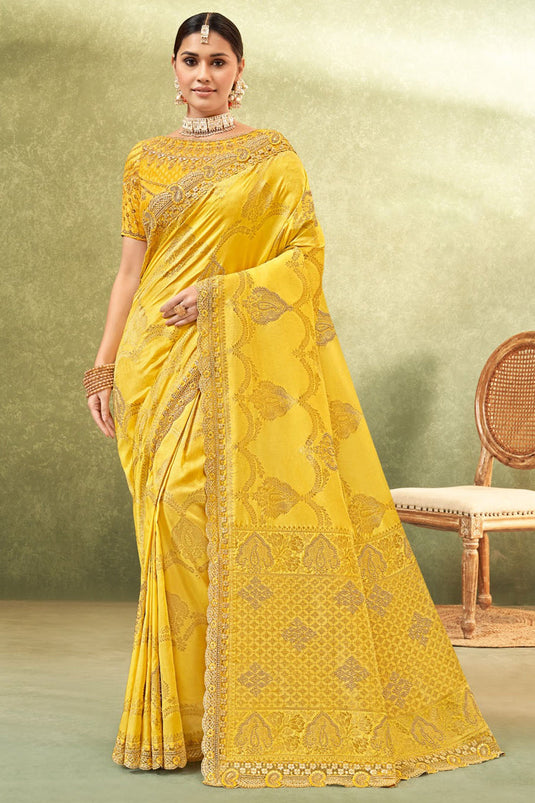 Weaving Work On Awesome Dola Silk Fabric Saree In Yellow Color