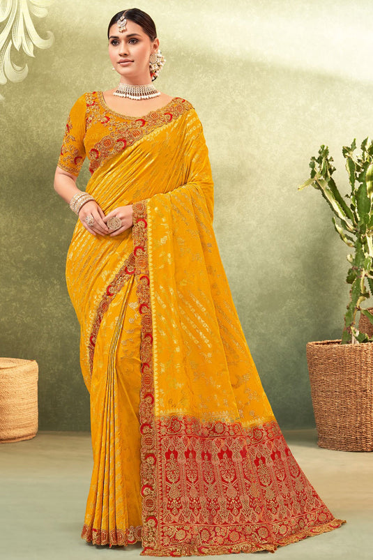 Weaving Work On Yellow Color Aristocratic Dola Silk Fabric Saree