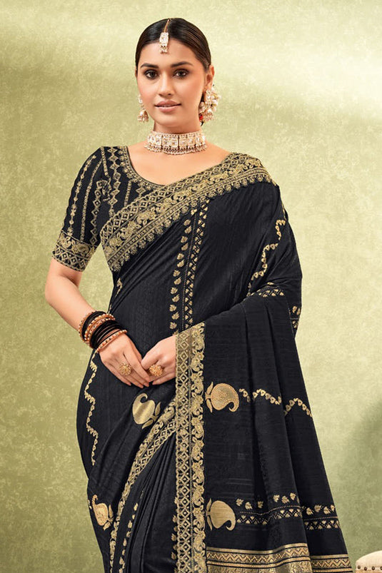 Imperial Black Color Dola Silk Fabric Saree With Weaving Work
