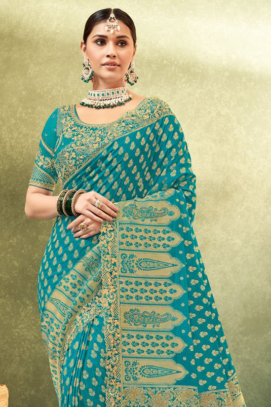 Weaving Work On Flamboyant Dola Silk Fabric  Saree In Cyan Color