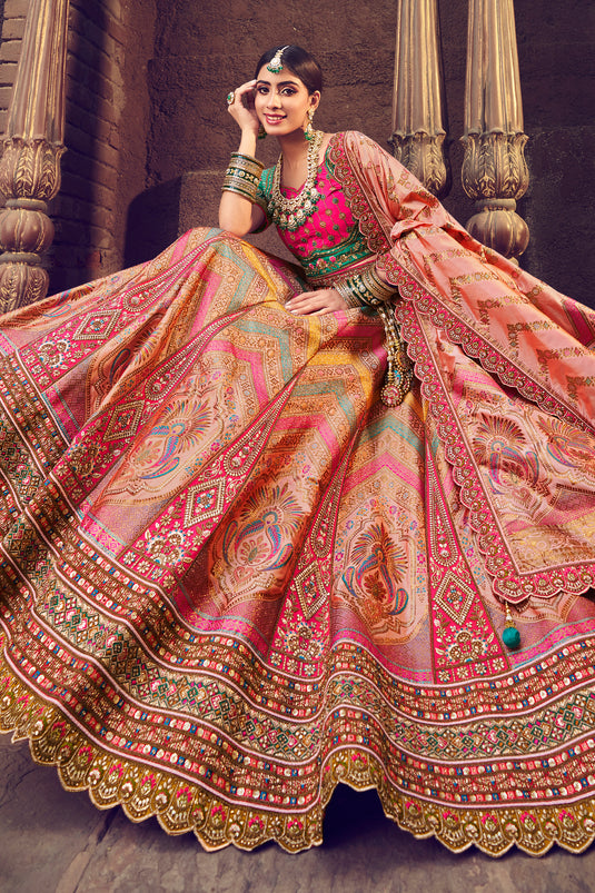 Buy Silk Fabric Multi Color Bridal 3 Piece Lehenga Choli With