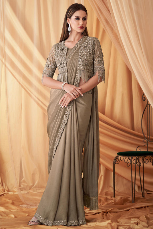 Larissa Bonesi Ingenious Grey Color Satin Georgette Saree With Jacket