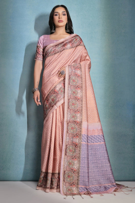 Peach Exclusive Printed Border Work Cotton Silk Fabric Sarees