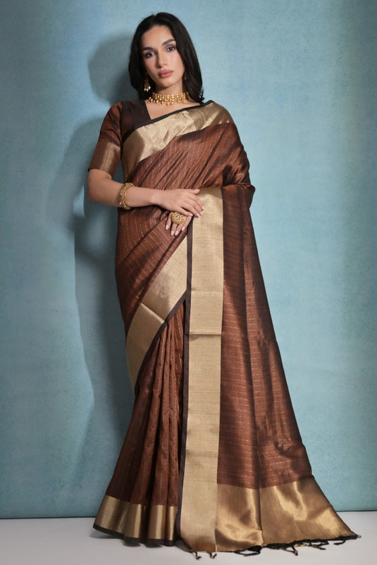 Brown Color Zari Border Work Function Wear Art Silk Fabric Saree