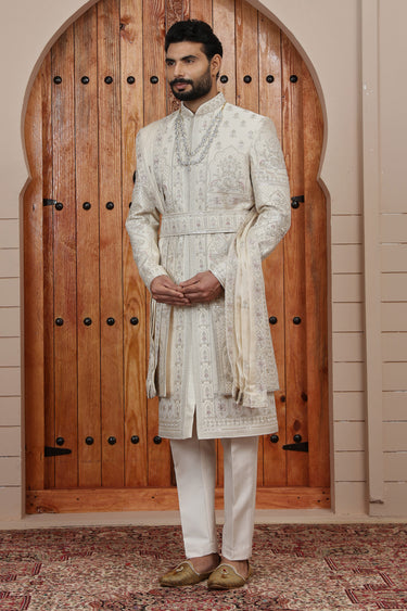 Heavy Embroidered Art Silk Beige Groom Sherwani