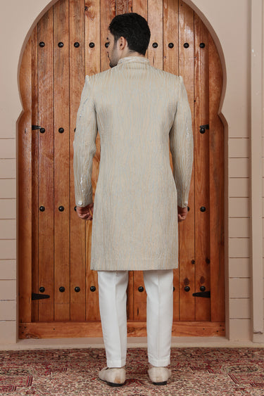 Heritage Art Silk Cream Embroidered Groom Sherwani With Aligarh Pant