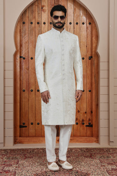 Heritage Art Silk Cream Embroidered Groom Sherwani With Aligarh Pant