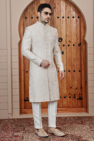 Regal Art Silk Light Pink Designer Groom Sherwani With Aligarh Pant