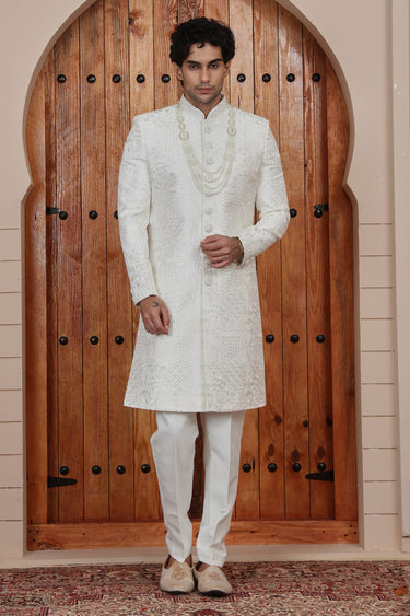 Classic Art Silk Off White Hand Embroidered Wedding Sherwani