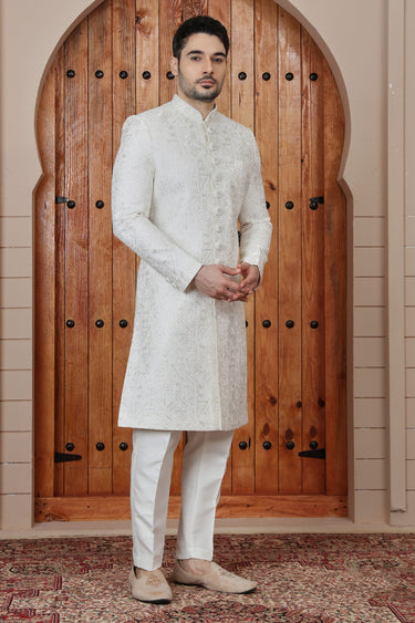Premium Art Silk Off White Indo Western Groom Sherwani With Pant