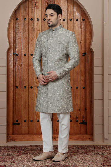 Vintage Art Silk Sea Green Designer Wedding Sherwani With Aligarh Pant
