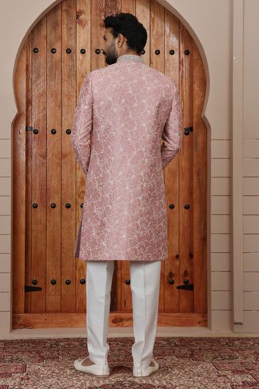 Signature Art Silk Pink Handcrafted Groom Sherwani With Pant