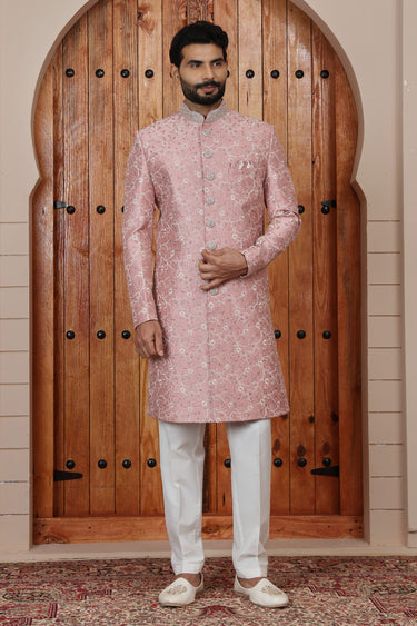 Signature Art Silk Pink Handcrafted Groom Sherwani With Pant