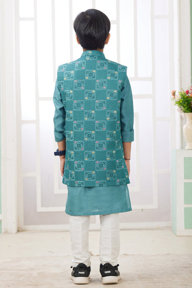 Art Silk Teal Boys Readymade Kurta Pyjama With Designer Jacket