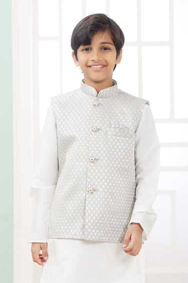 Occasion Wear Off White Art Silk Readymade Boys Kurta Pyjama With Designer Jacket