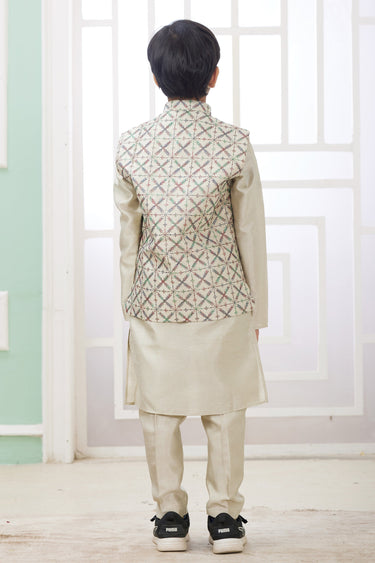 Art Silk Beige Occasion Wear Readymade Boys Kurta Pyjama With Designer Jacket