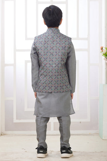 Grey Art Silk Sangeet Function Wear Boys Readymade Kurta Pyjama With Designer Jacket