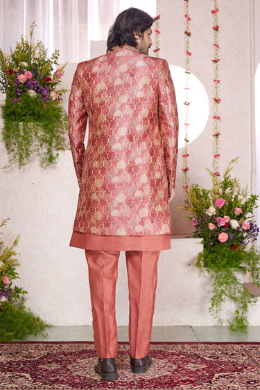 Rust Silk Wedding Wear Trendy Readymade Indo Western For Men