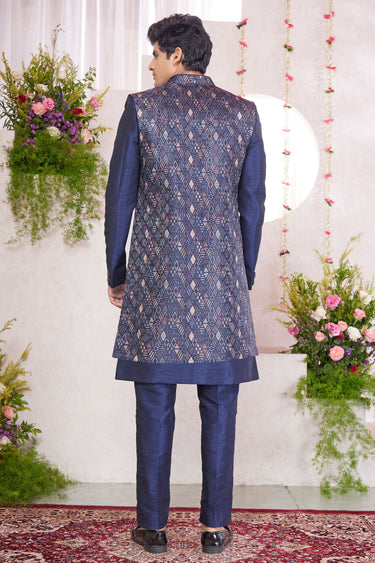 Pretty Jacquard Art Silk Wedding Wear Readymade Men Indo Western In Blue Color