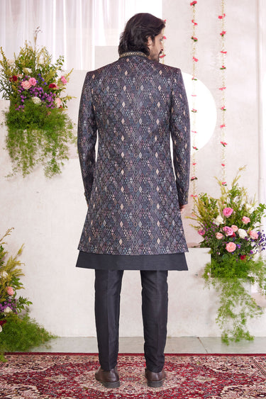 Jacquard Art Silk Wedding Wear Attractive Readymade Men Indo Western In Black Color