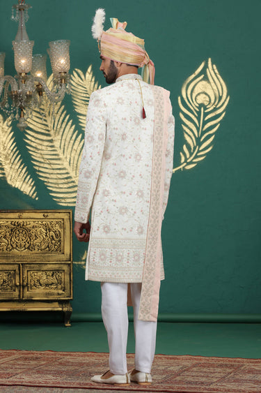 Off White Art Silk Sequins Embroidery Groom Sherwani
