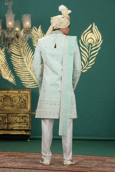 Heavy Embroidered Light Cyan Art Silk Groom Sherwani For Men
