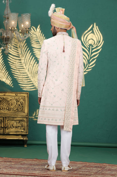 Alluring Peach Embroidered Art Silk Groom Sherwani
