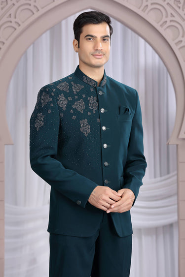 Teal Fancy Fabric Wedding Wear Readymade Indo Western Jodhpuri Suit