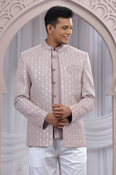 Art Silk Pink Sangeet Wear Readymade Lovely Indo Western Jodhpuri Suit For Men