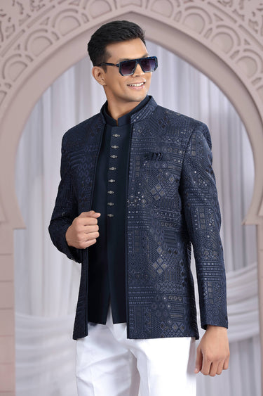 Navy Blue Art Silk Readymade Men Indo Western Jodhpuri Suit