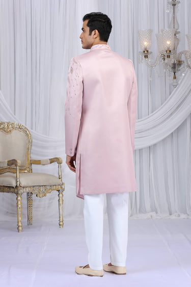 Embroidered Art Silk Pink Readymade Indo Western For Men