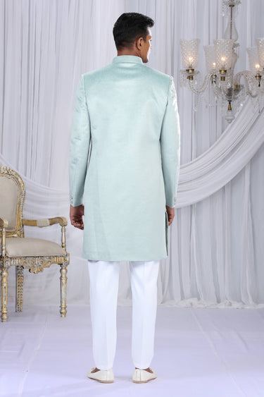 Light Cyan Velvet Fabric Wedding Wear Indo Western For Men