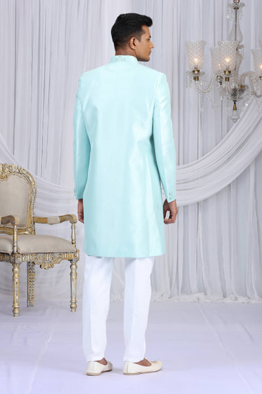 Cyan Art Silk Embroidered Wedding Wear Indo Western For Men