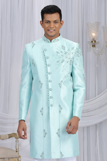Cyan Art Silk Embroidered Wedding Wear Indo Western For Men