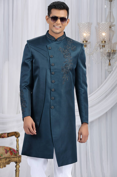Embroidered Art Silk Navy Blue Readymade Indo Western For Men