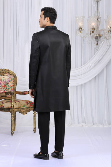 Embroidered Black Wedding Wear Indo Western For Men