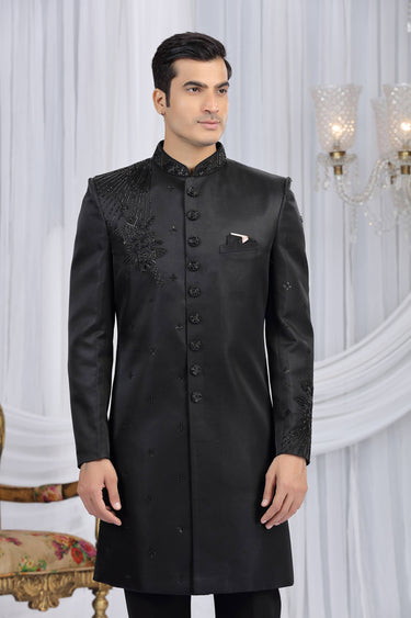 Embroidered Black Wedding Wear Indo Western For Men