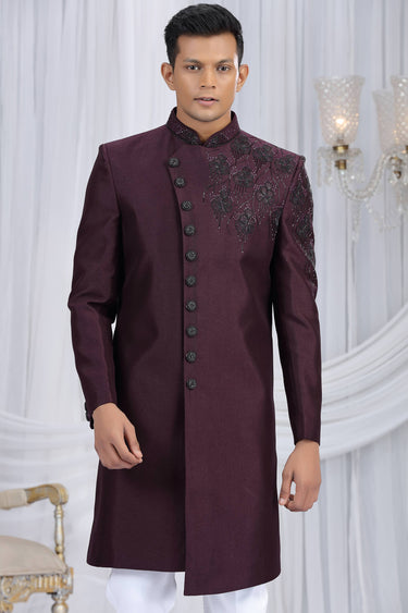 Wine Art Silk Readymade Indo Western For Men