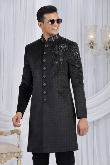 Velvet Fabric Black Wedding Wear Indo Western For Men
