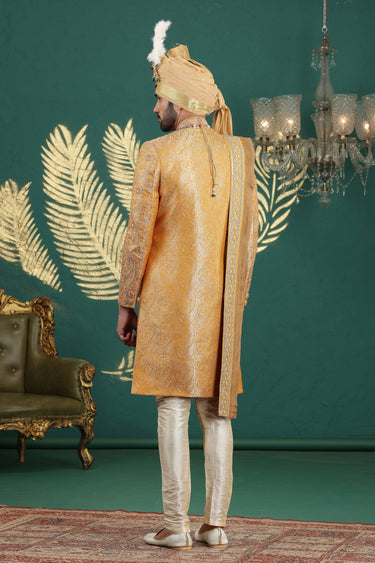 Yellow Banarasi Jacquard Wedding Wear Trendy Readymade Sherwani For Men With Stole