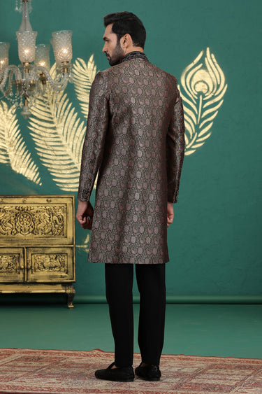 Banarasi Jacquard Stunning Black Wedding Wear Readymade Men Sherwani