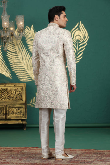 Art Silk Wedding Wear Attractive Readymade Men Sherwani In Cream Color