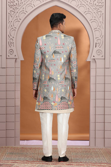 Art Silk  Embroidery Grey Readymade 3 Piece Indo Western For Men