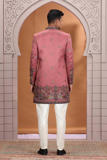 Pink Art Silk Wedding Wear 3 Piece Indo Western For Men